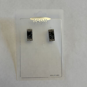 Icon Collection Silver Tone Rectangular Snowflake Obsidian Stud Earrings NWT
